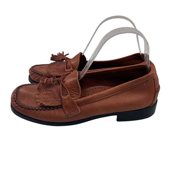 Dexter Comfort Brown Leather Tassel Fringe Block Heel Slip On Loafer Shoes - Picture 3 of 11